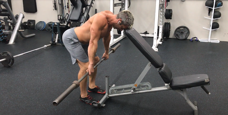 bent over scapula shrug for back exercise using a barbell